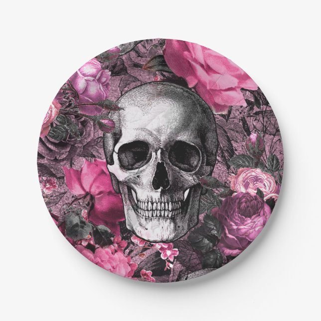 Pink Floral Skull Paper Plate (Front)