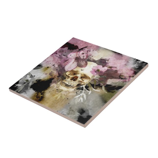 Pink Floral Skull Watercolor Tile (Side)