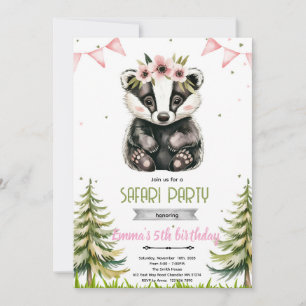 Pink floral skunk birthday party invitation
