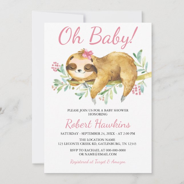 Pink Floral Sloth Baby Shower Invitation (Front)