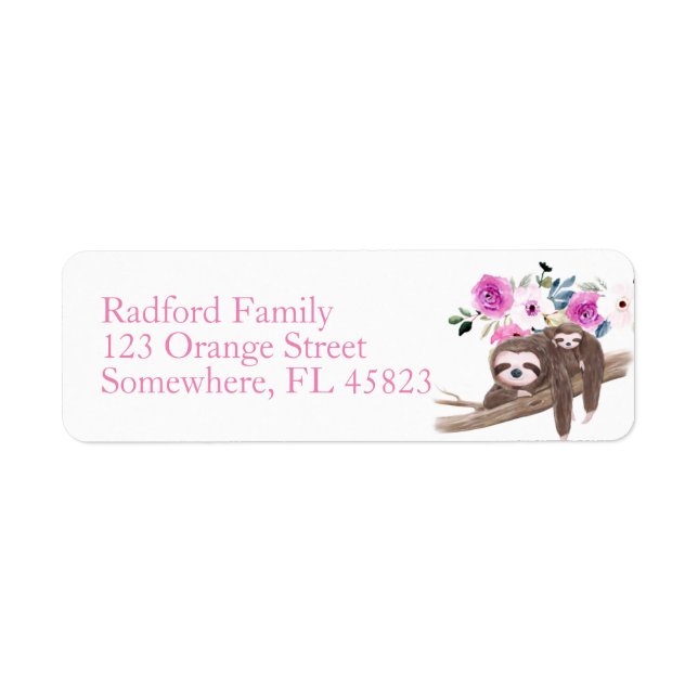 Pink Floral Sloth Return Address (Front)