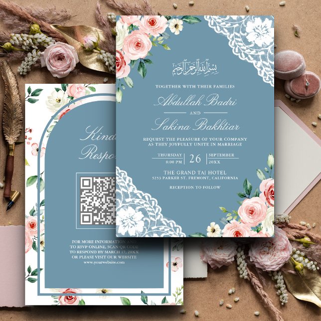 Pink Floral Soft Blue Lace QR Code Muslim Wedding Invitation (Creator Uploaded)
