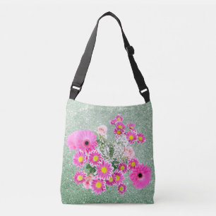 Pink Floral Soft Green Faux Glitter Crossbody Bag