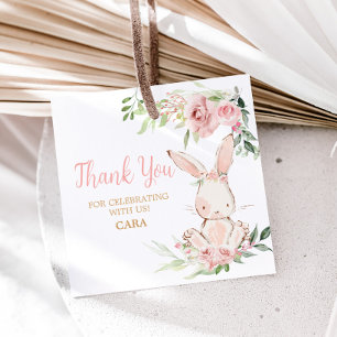 Pink Floral Some Bunny Birthday Party Square Favour Tags