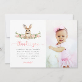 Pink Floral Some Bunny Girl 1st Birthday Photo Thank You Card