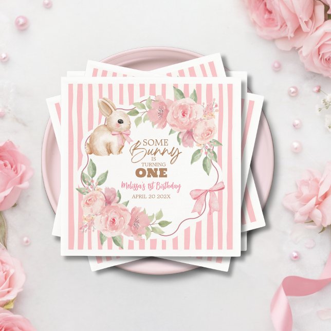 Pink Floral Some Bunny Turning One Birthday Party  Napkin (Creator Uploaded)