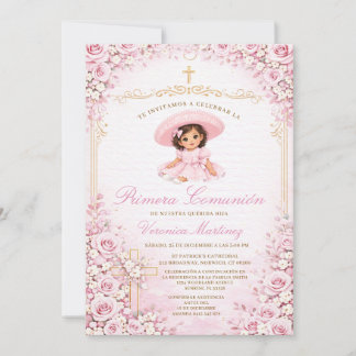Pink Floral Spanish Girl Primera Comunión Cross Invitation
