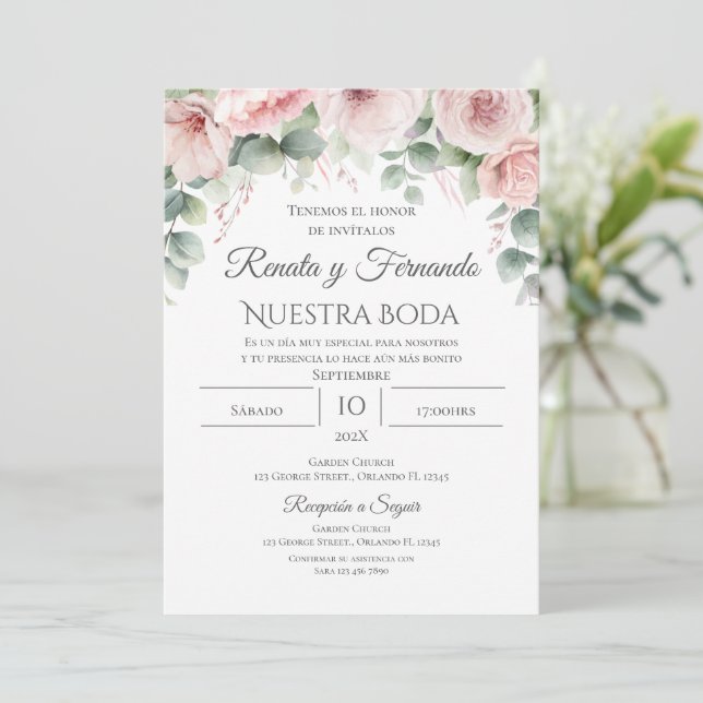 Pink Floral Spanish Wedding Invitation (Standing Front)