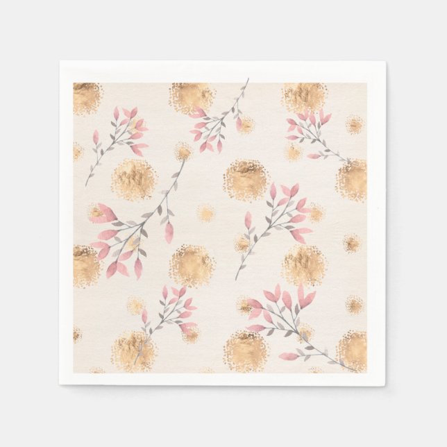 Pink Floral Sprays and Gold Spatter Dots on White Napkin (Front)