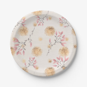 Pink Floral Sprays and Gold Spatter Dots on White Paper Plate