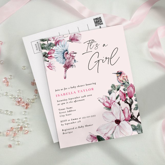 Pink Floral & Spring Birds Budget Bridal Shower In Invitation Postcard (Creator Uploaded)