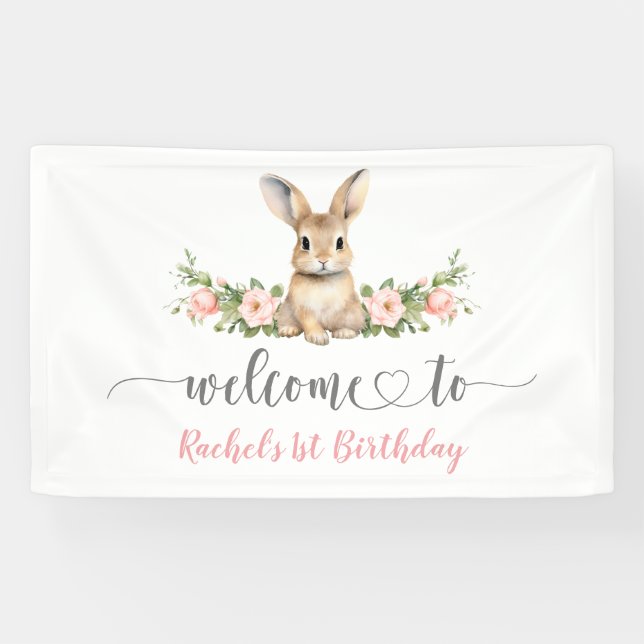 Pink Floral Spring Bunny 1st Birthday Welcome Banner (Horizontal)