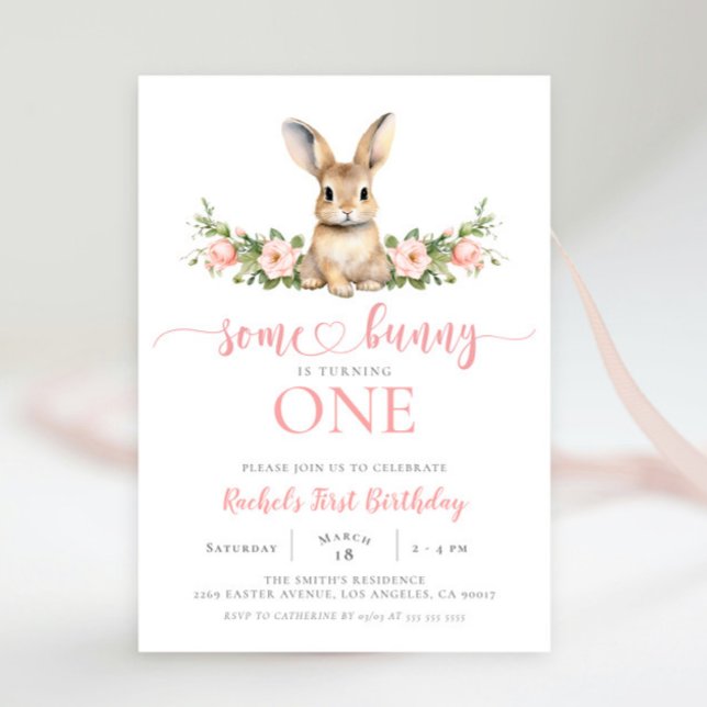 Pink Floral Spring Rabbit Some Bunny 1st Birthday Invitation (Creator Uploaded)