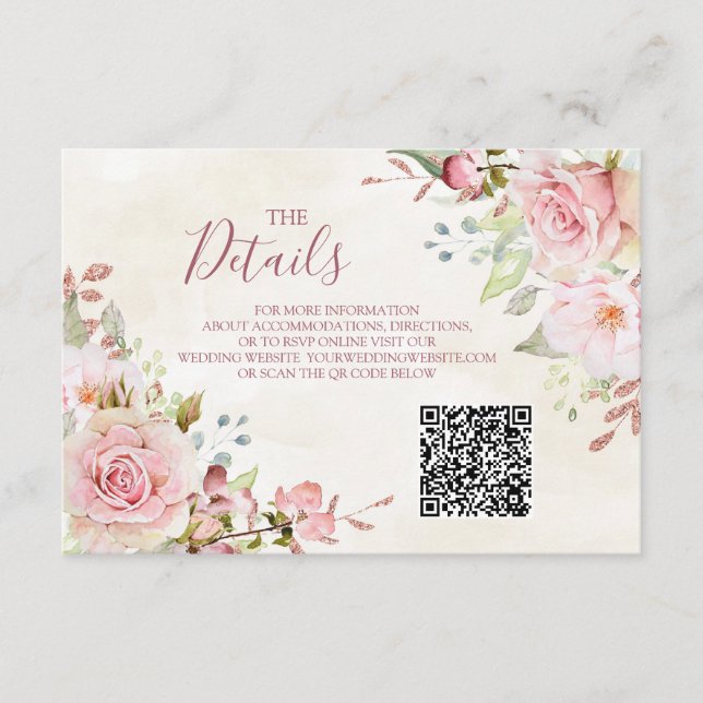 Pink Floral Spring Wedding QR code Details Insert (Front)