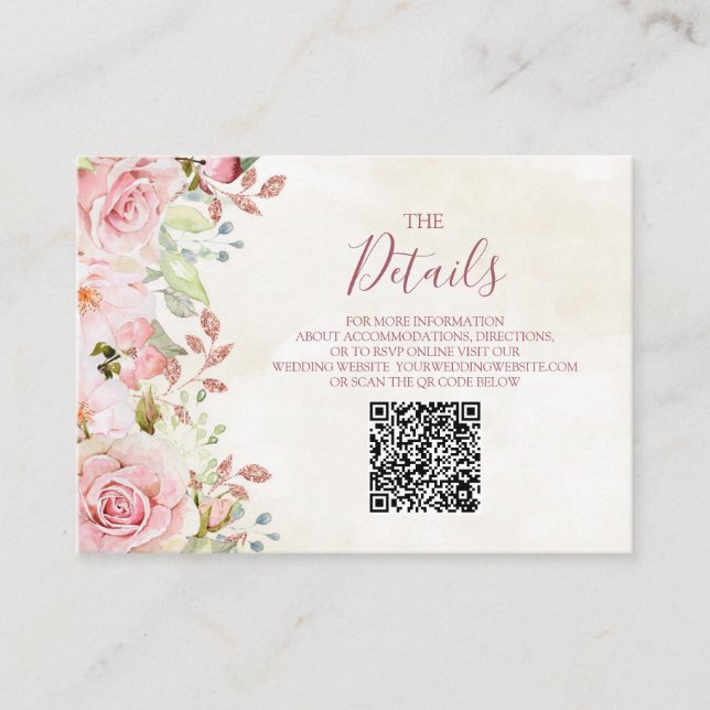 Pink Floral Spring Wedding QR code Details Insert (Front)