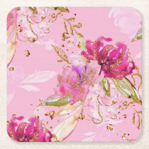 Pink floral  square paper coaster