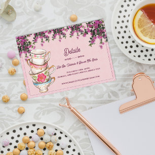 Pink Floral Stacked Teacups Bridal Shower Details Enclosure Card