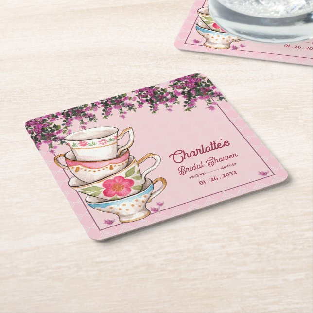 Pink Floral Stacked Teacups Bridal Shower Party Square Paper Coaster (Angled)