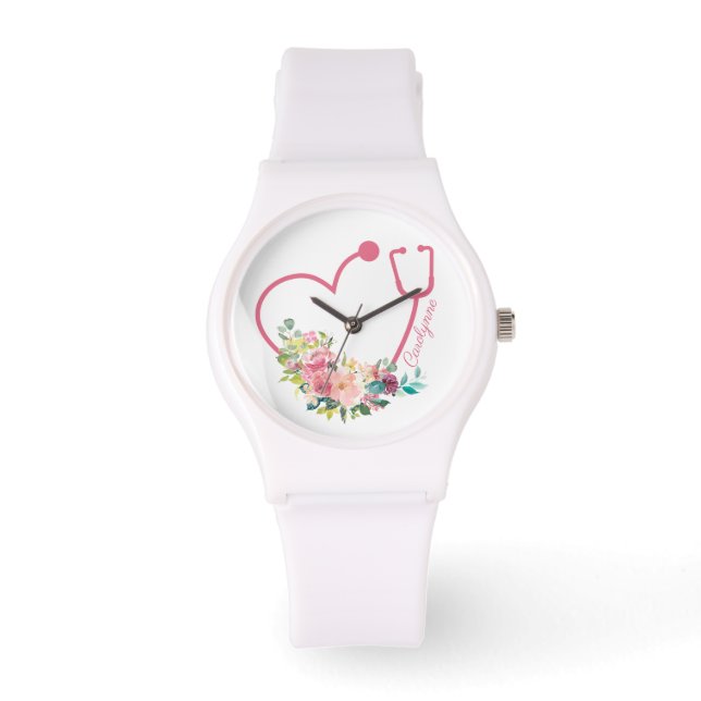 Pink Floral Stethoscope Heart Medical Nurse Doctor Watch (Front)