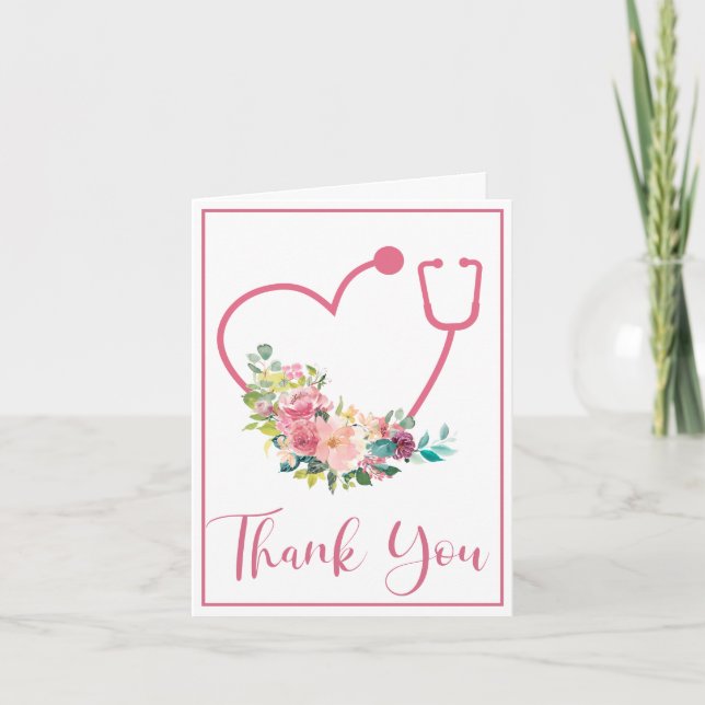 Pink Floral Stethoscope Heart Medical Thank You (Front)