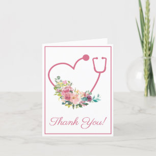 Pink Floral Stethoscope Heart Medical Thank You Card