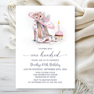 Pink Floral Stiletto Shoes 100th Birthday Invitation