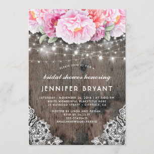 Pink Floral String Lights Rustic Bridal Shower Invitation