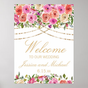 Pink Floral String Lights White Wedding Welcome Poster