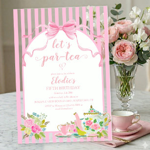 Pink Floral Stripe Let's Par-tea Birthday Acrylic Invitations