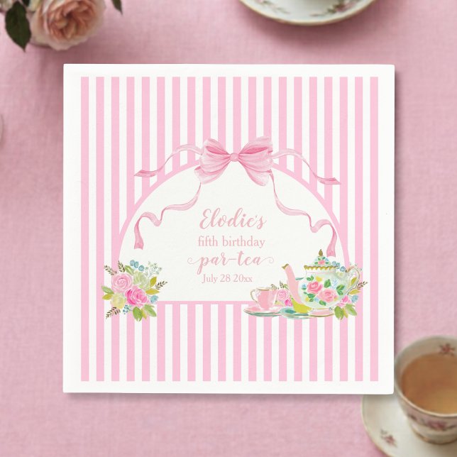 Pink Floral Stripe Let's Par-tea Birthday Napkin (pink coquette bow floral stripe lets par-tea birthday party napkin)