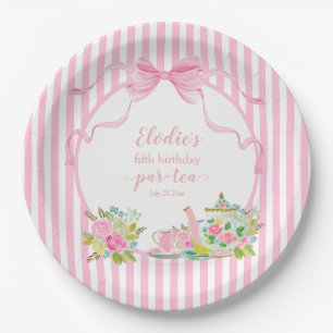 Pink Floral Stripe Let's Par-tea Birthday Paper Plate