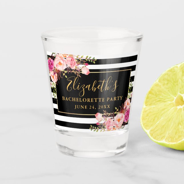 Pink Floral Striped Bachelorette Party Gold Shot Glass (Front)