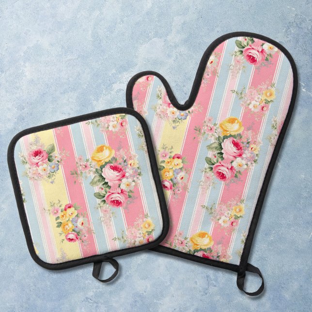 Pink Floral Striped Oven Mitt & Pot Holder Set (Creator Uploaded)