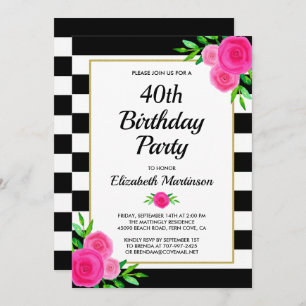 Pink Floral Stripes 40th Birthday Party Invitation