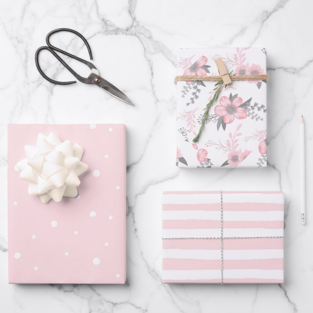 Pink Floral, Stripes and Polka Dots Wrapping Paper Sheet (Front)