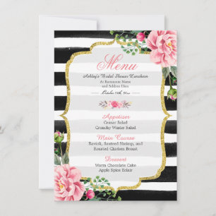 Pink Floral Stripes   Bridal Shower Luncheon Menu Invitation