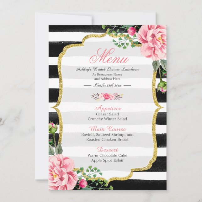 Pink Floral Stripes | Bridal Shower Luncheon Menu Invitation (Front)