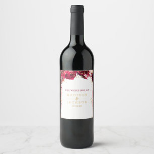 Pink Floral Stripes Gold Confetti Wedding Monogram Wine Label