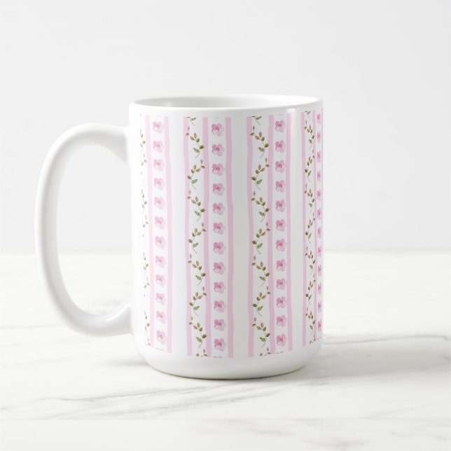 Pink Floral Stripes Pattern Coffee Mug (Left)