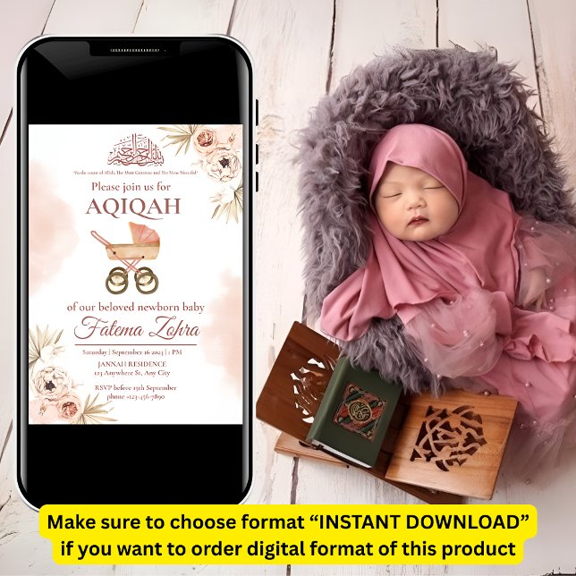 Pink Floral Stroller Baby Girl Muslim Aqiqah  Invitation (Creator Uploaded)