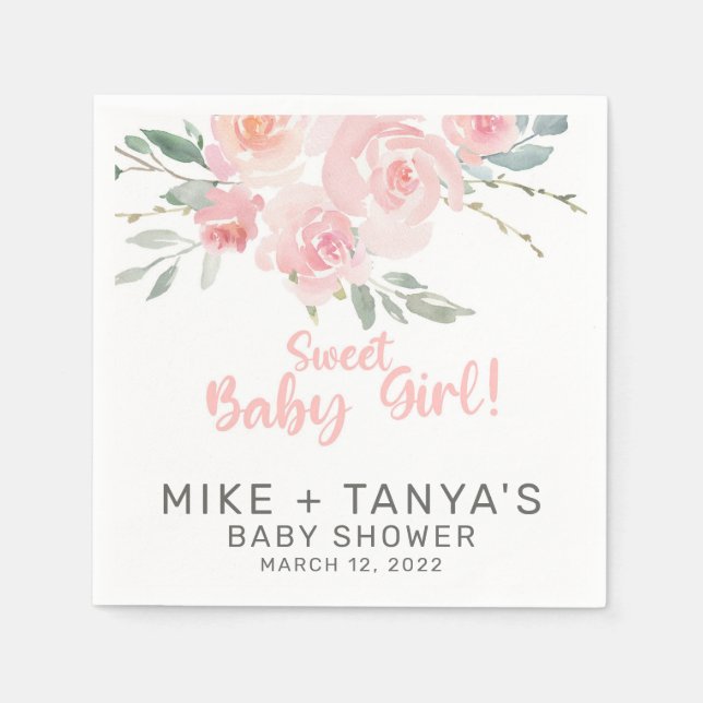 Pink floral stylish girl baby shower paper napkins (Front)