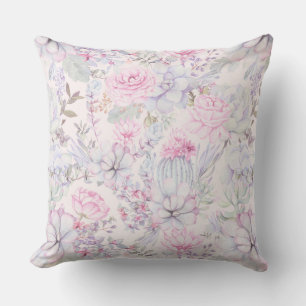 Pink Floral Succulent Illustration Summer Pattern Cushion