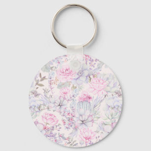 Pink Floral Succulent Illustration Summer Pattern Key Ring