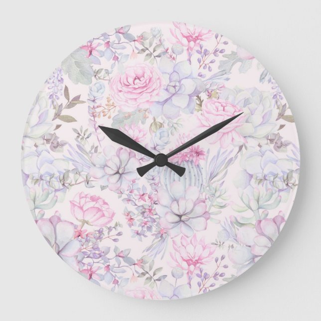 Pink Floral Succulent Illustration Summer Pattern Large Clock (Front)