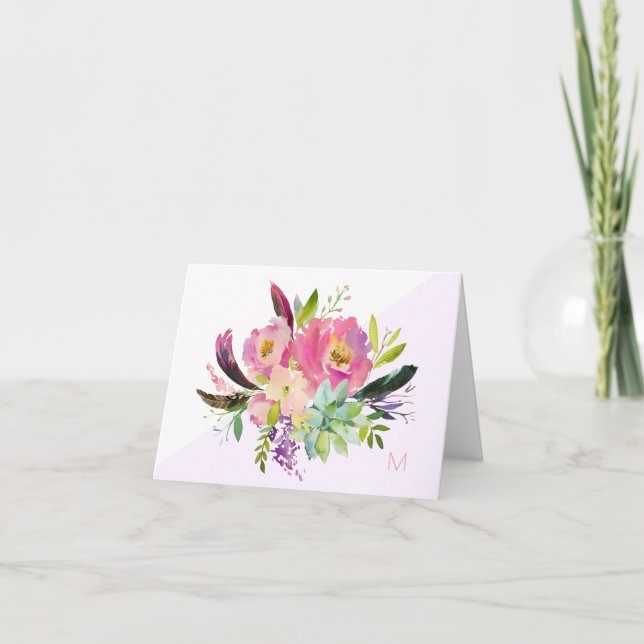 Pink Floral Succulent Monogram Folded Note Card (Front)