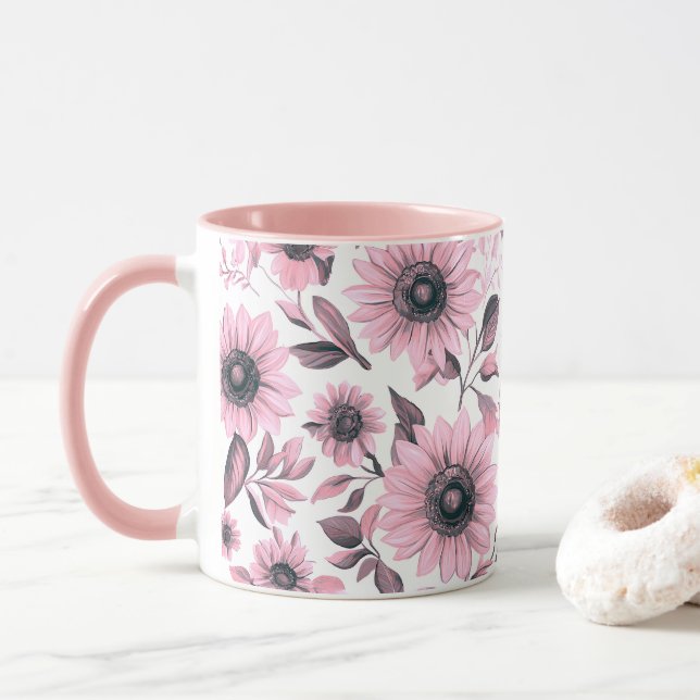 Pink Floral Sunflower  Mug (With Donut)