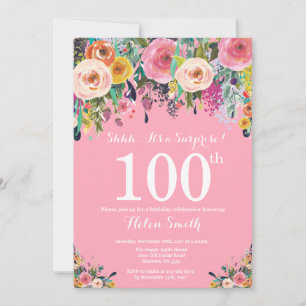 Pink Floral Surprise 100th Birthday Invitation