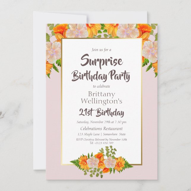 Pink Floral Surprise 21st Birthday Party Invitation (Front)