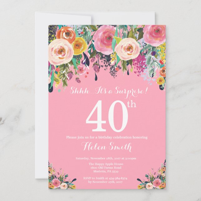 Pink Floral Surprise 40th Birthday Invitation (Front)
