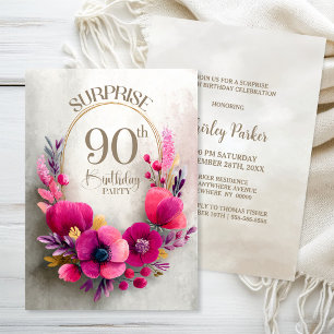 Pink Floral Surprise 90th Birthday Party Invitation